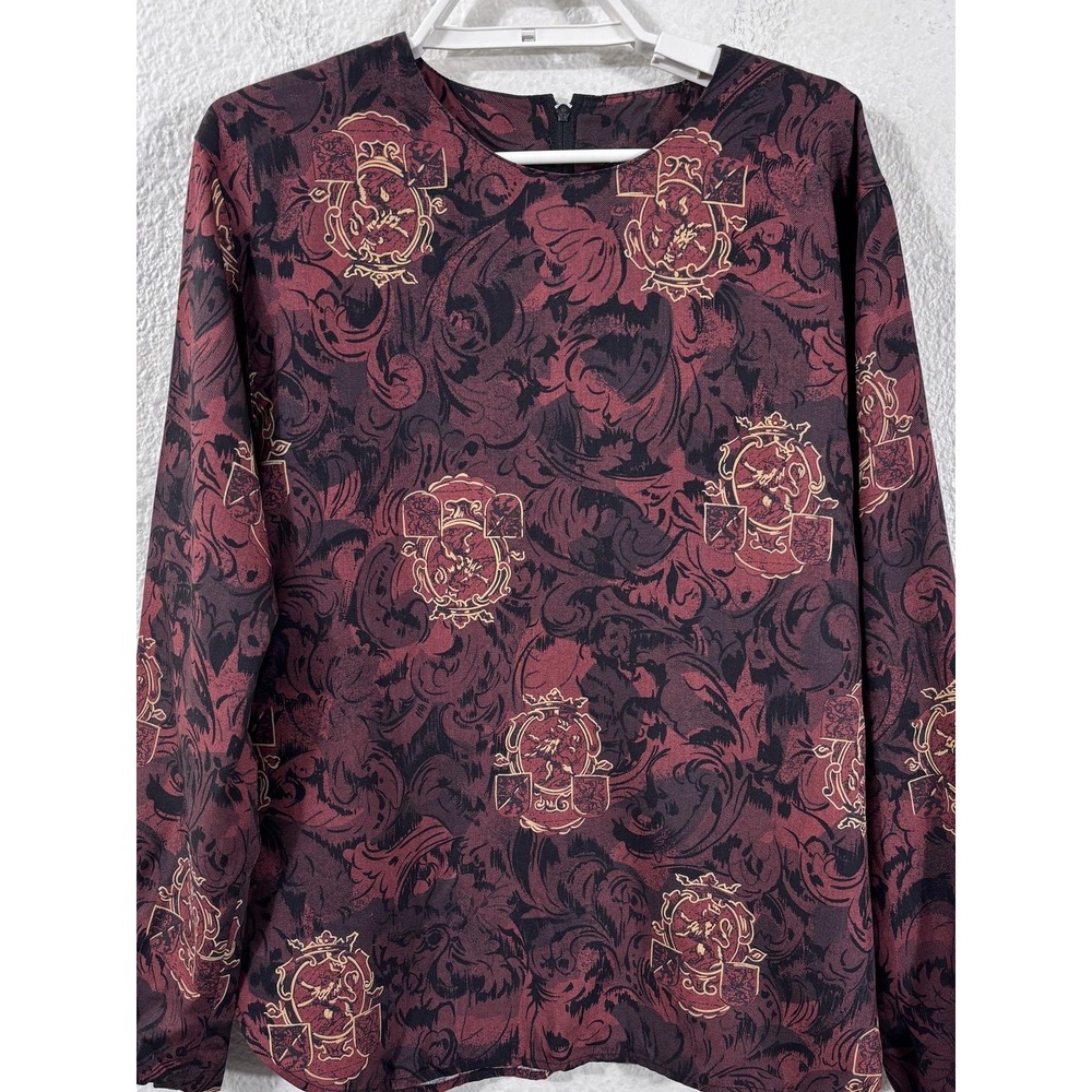 Vintage Carol Anderson Collection Blouse Size 9/10 Brown Burgundy Crest Top